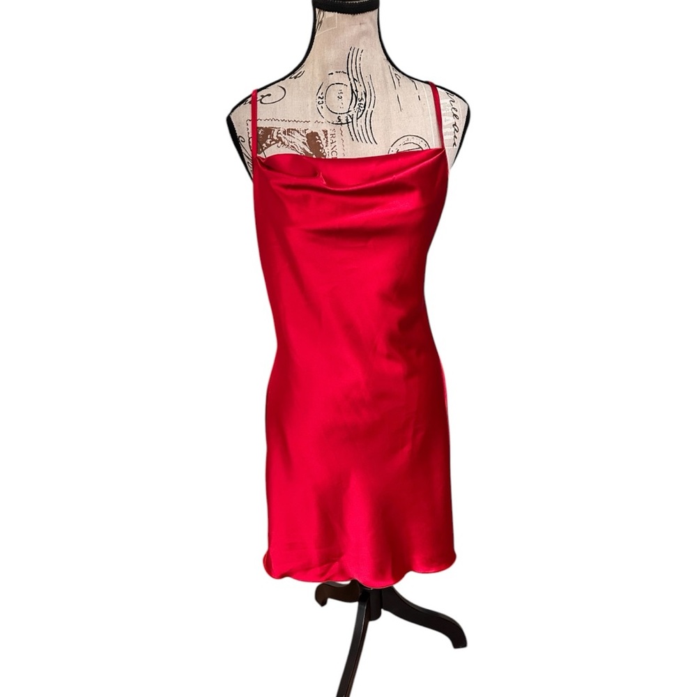 VTG Bebe Cherry Red Satin Slip Dress XS Made USA Cowl Neck Y2K Mini Bias Cut